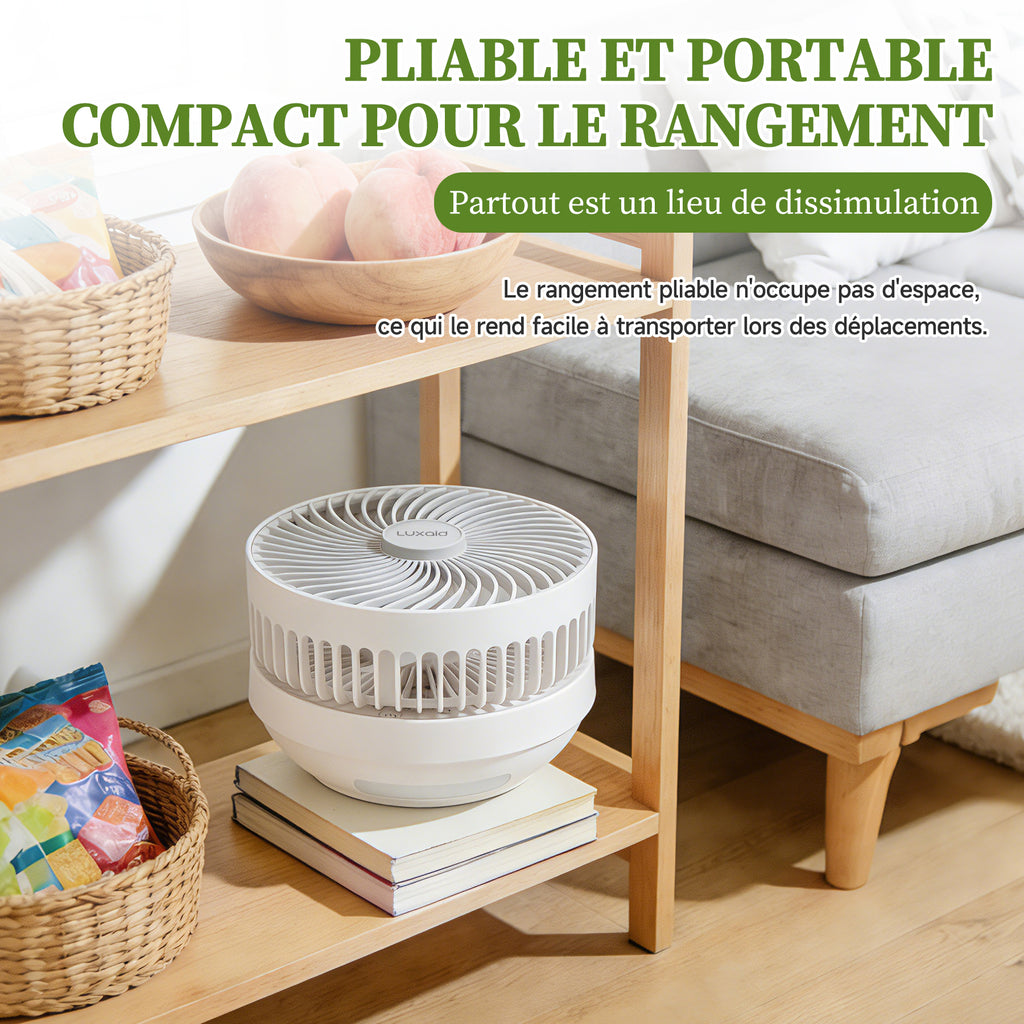 Luxaid Ventilateur de bureau pliable avec télécommande, batterie 4000 mAh, chargement USB-C, 3 vitesses, minuterie 4 h, veilleuse, montage mural, portable et compact.
