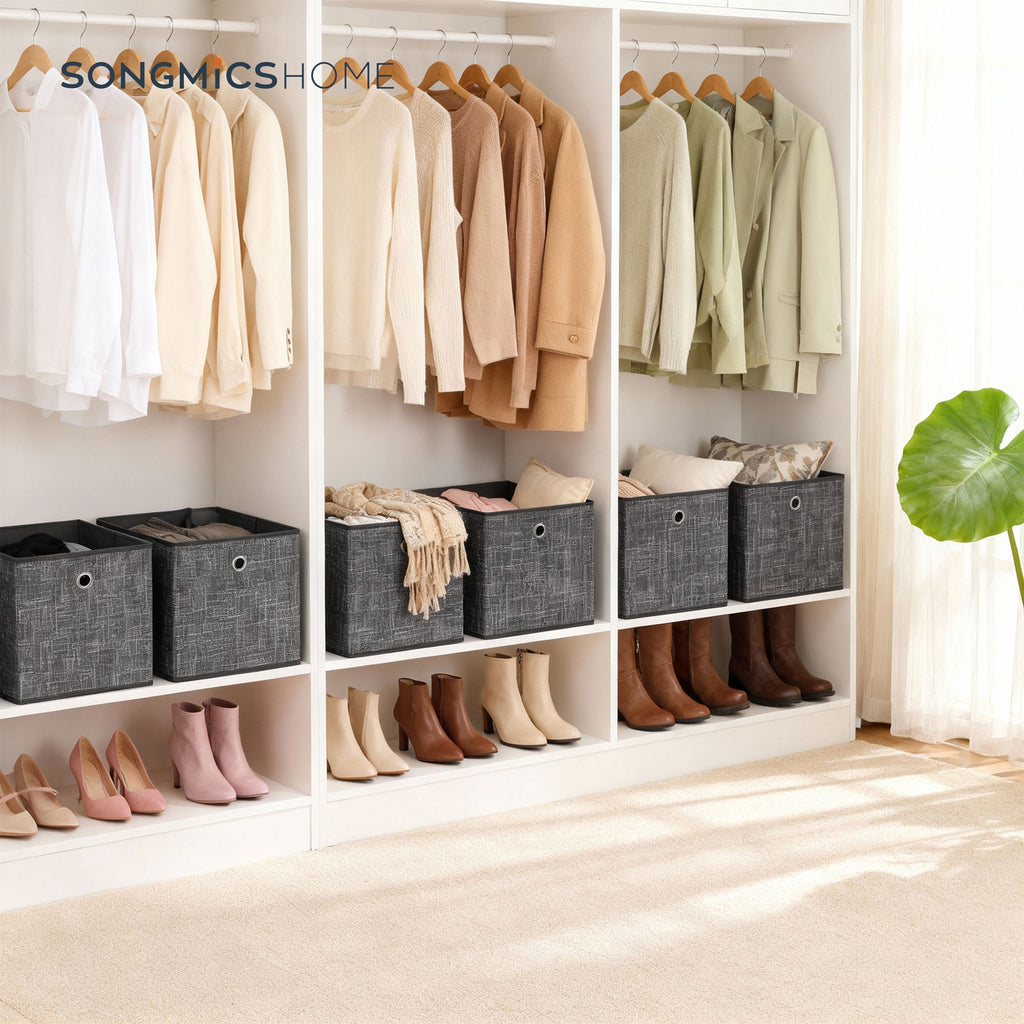 JOYFURNOS Lot de 6 Boîtes de Rangement Pliables avec Poignées, Organiseurs pour Vêtements, pour Étagères, Tissu Non-Tissé, Noir