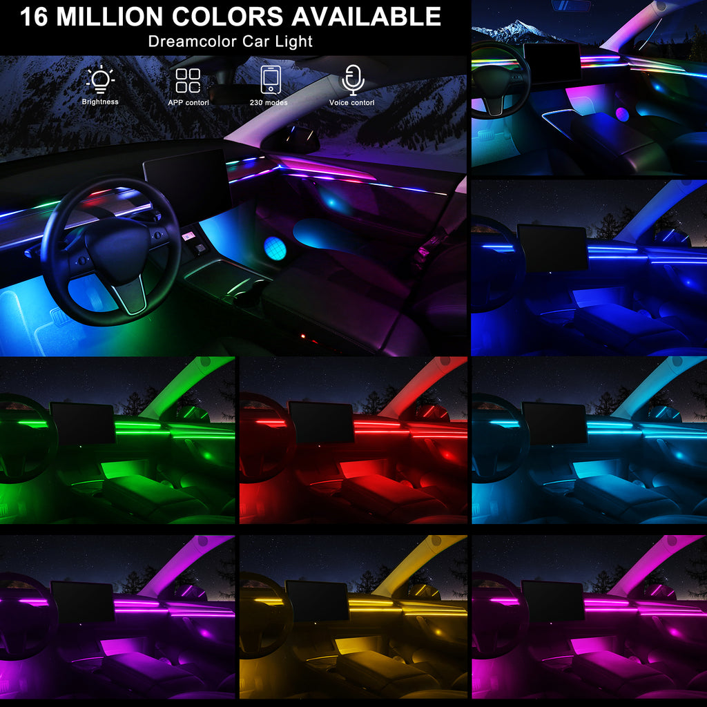 Bande lumineuse LED en acrylique pour intérieur de voiture Dreamcolor, contrôle sans fil via application, RGB 22-en-1, 175 pouces 600 fibres optiques, kit d’éclairage d’ambiance