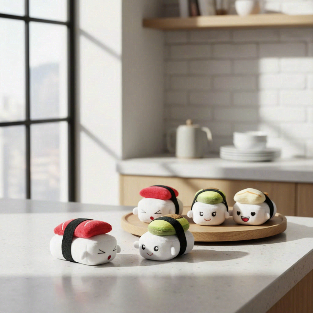 WT&T Coussin Kawaii + 6 mini peluches sushis
