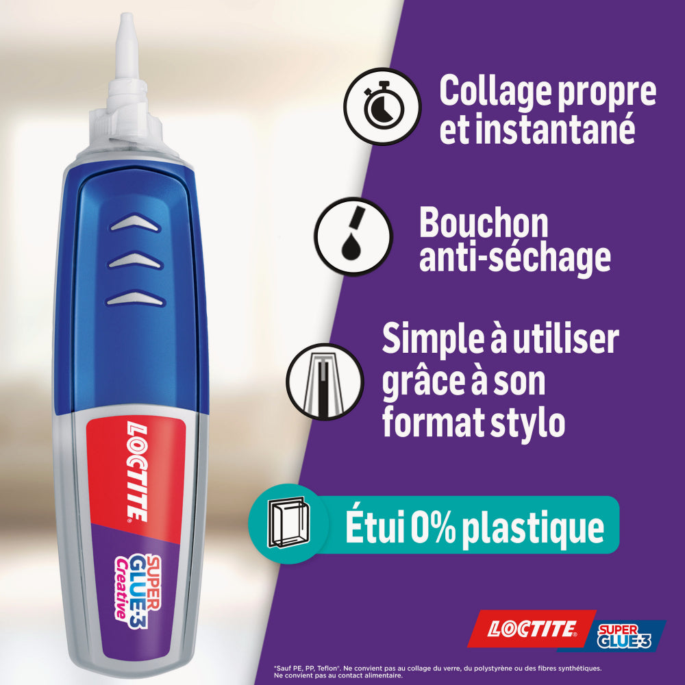 Loctite – Super Glue-3 Creative (stylo de 3 g) – Colle gel cyanoacrylate ultra précise qui ne coule pas – Colle forte pour collage rapide et puissant sur surfaces poreuses et verticales