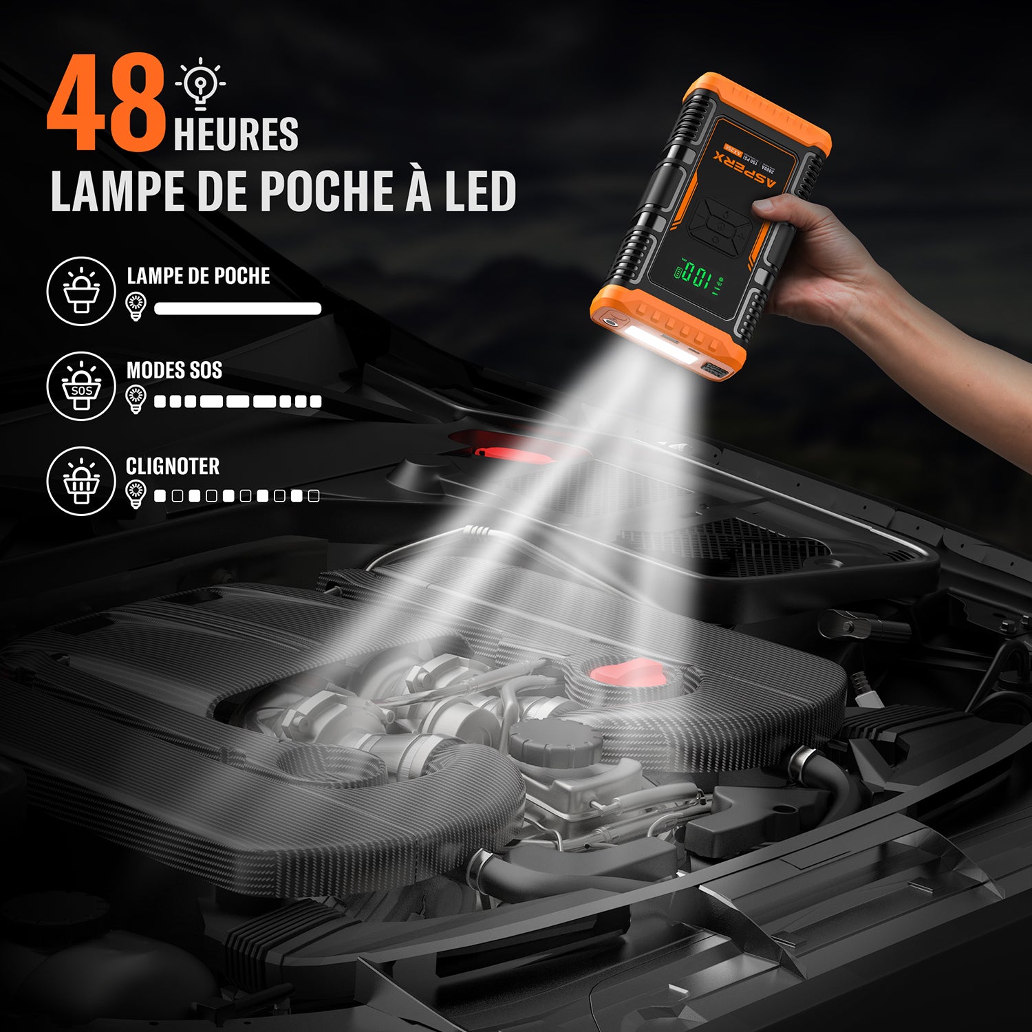 ASPERX Booster de Batterie avec Compresseur d’Air, Démarreur de Voiture 3000A 150PSI avec Lampe Torche LED et Câbles de Démarrage, pour Véhicules 12V, Motos et SUV (jusqu’à 10L Essence ou 8L Diesel)