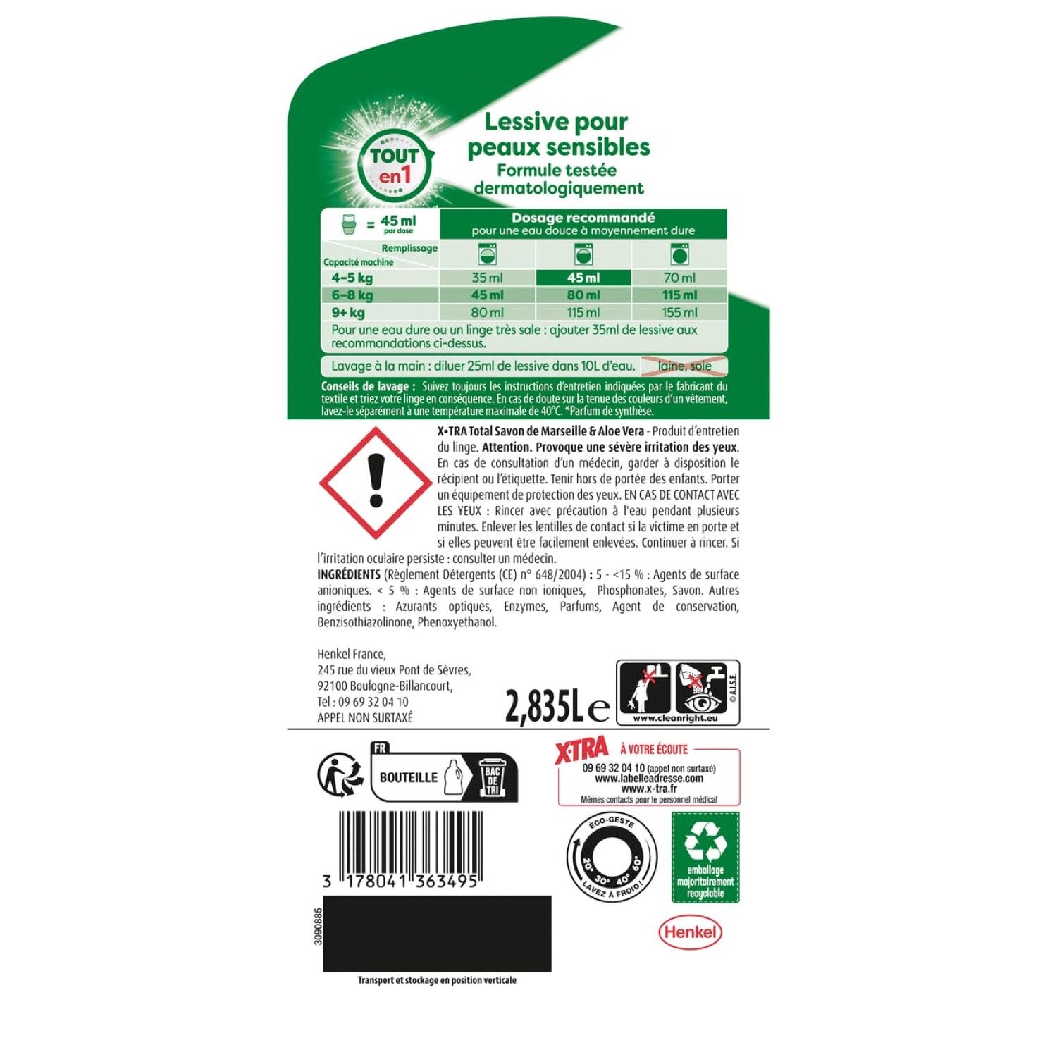 X-TRA Total Lessive liquide au savon de Marseille et aloe vera 63 lavages