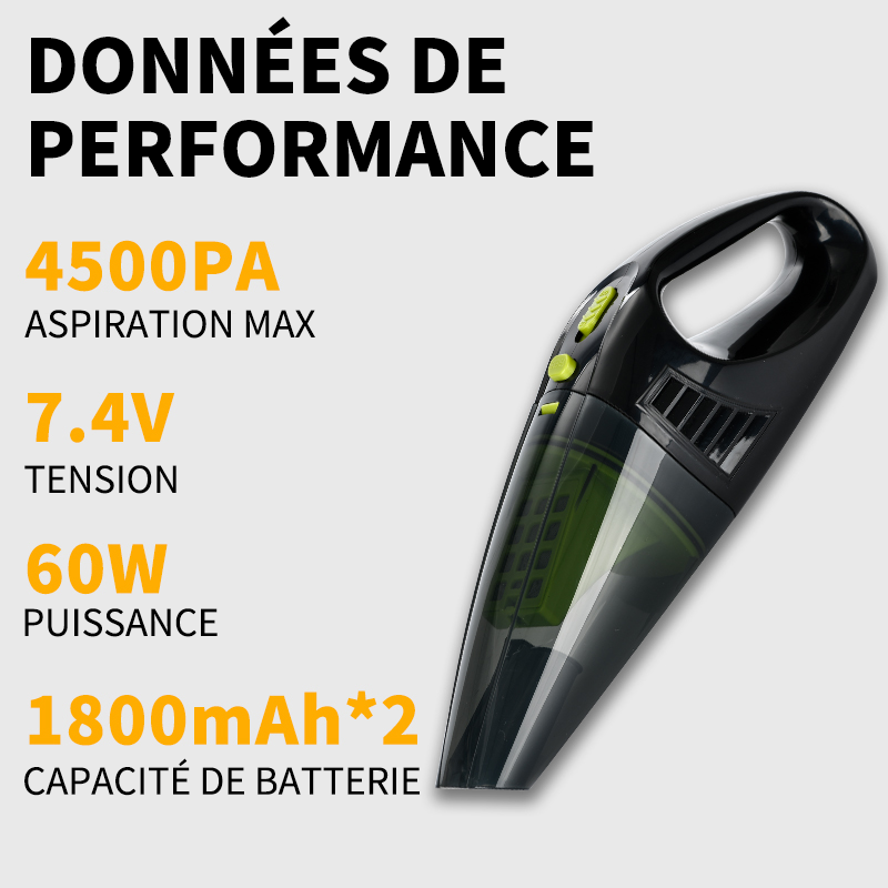 ATSHARK A-016 Aspirateur à main portable pour voiture, sans fil, 2 x 1800 mAh, Matériau ABS, Lot de 1, Noir