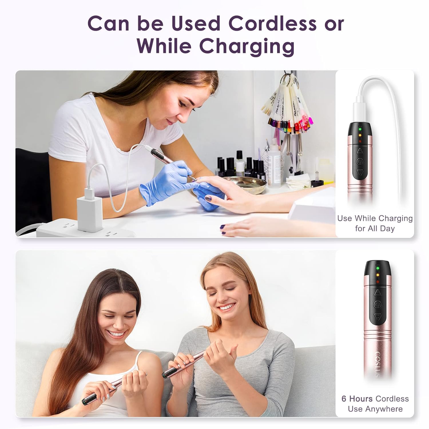 COSLUS Ponceuse à ongles sans fil Lime électrique Professionnelle pour ongles acryliques gel poudre de trempage Kit portable manucure pédicure Rechargeable Léger Or