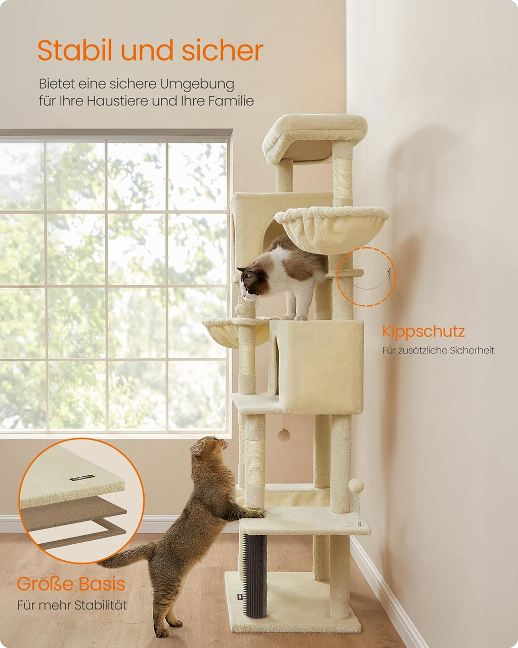 Feandrea Griffoir pour chat grand 75" de haut XXL arbre à chat multi-niveaux avec 2 niches, 2 paniers, 5 colonnes à griffer, brosse pour chat, grande plateforme, sable beige