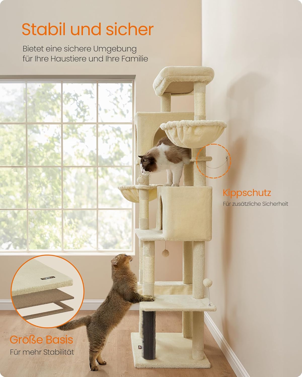 Feandrea Griffoir pour chat grand 75" de haut XXL arbre à chat multi-niveaux avec 2 niches, 2 paniers, 5 colonnes à griffer, brosse pour chat, grande plateforme, sable beige