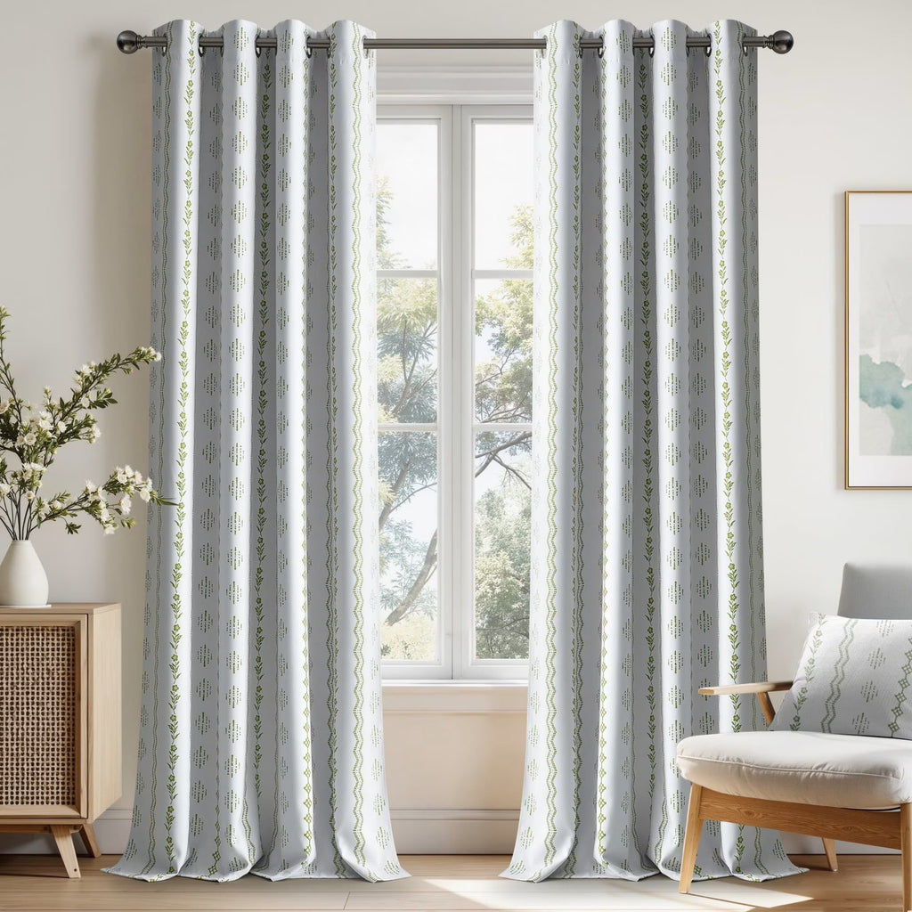 PONY DANCE Rideaux Occultants Bohèmes 100 % - Lot de 2 Panneaux, Vert Sauge Motif Floral Zigzag, Isolation Thermique pour Salon et Chambre, 132 x 245 cm