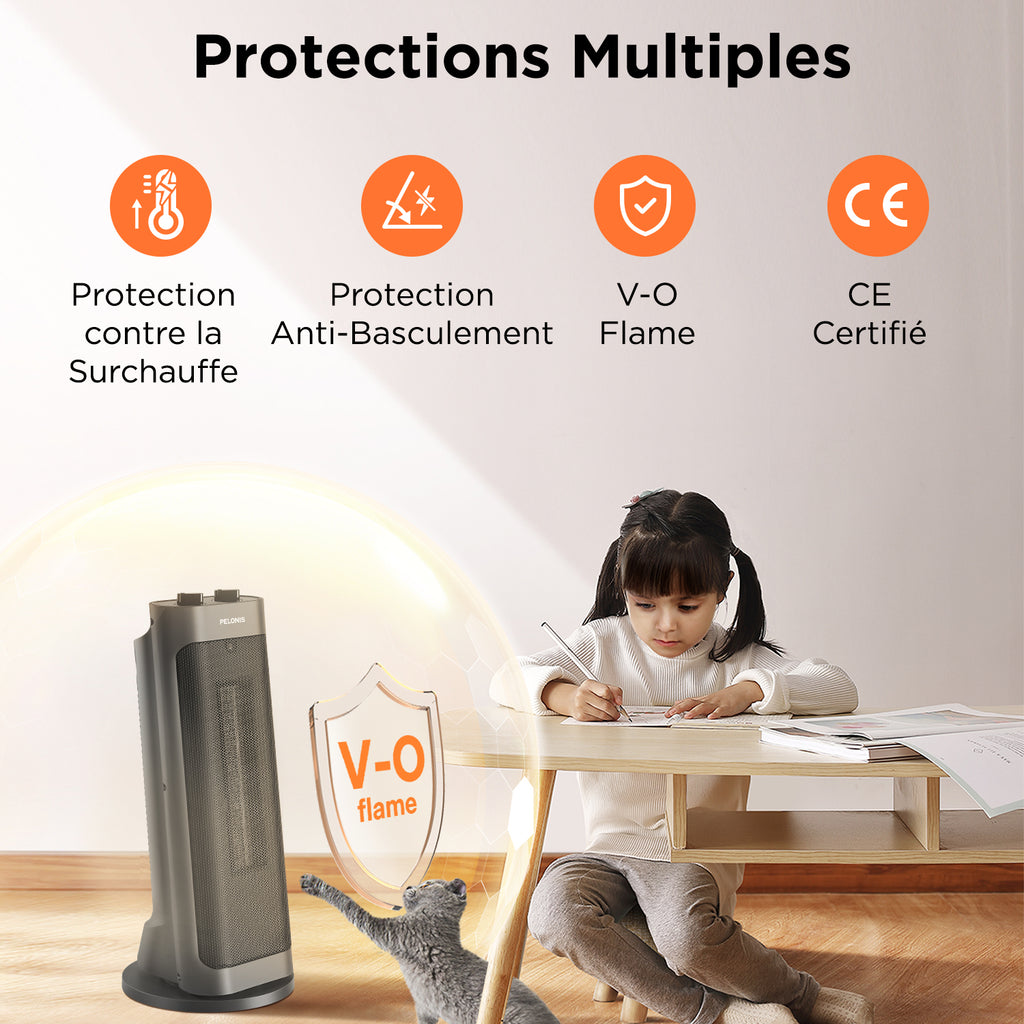 PELONIS chauffage soufflant céramique PTC 2000 W, chauffe rapide en 3 secondes, oscillation à 70°, arrêt en cas de basculement + protection contre la surchauffe, design portable