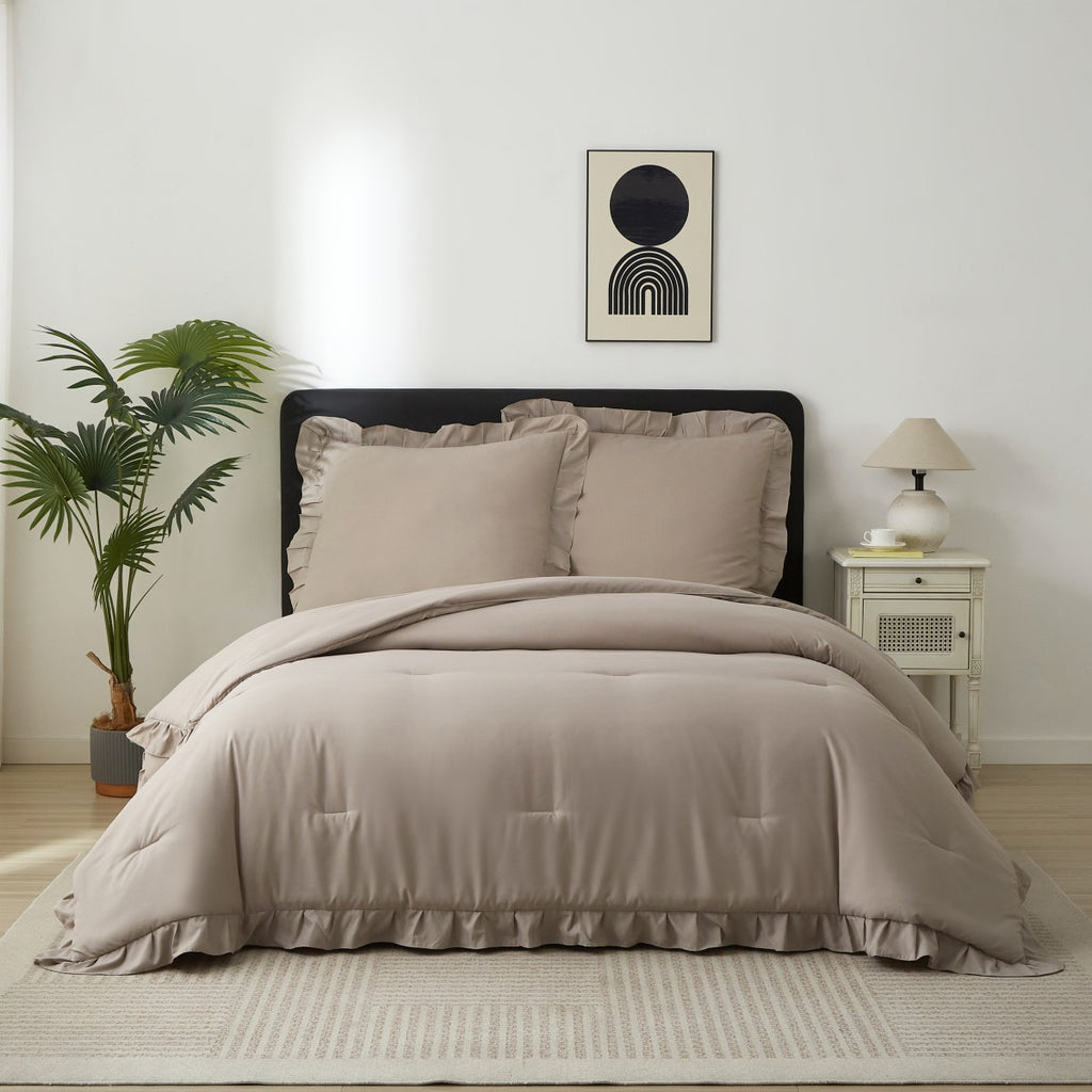 MEEALLHOME Parure de lit vintage à volants blé - 1 housse 240 x 220 cm et 2 taies 65 x 65 cm