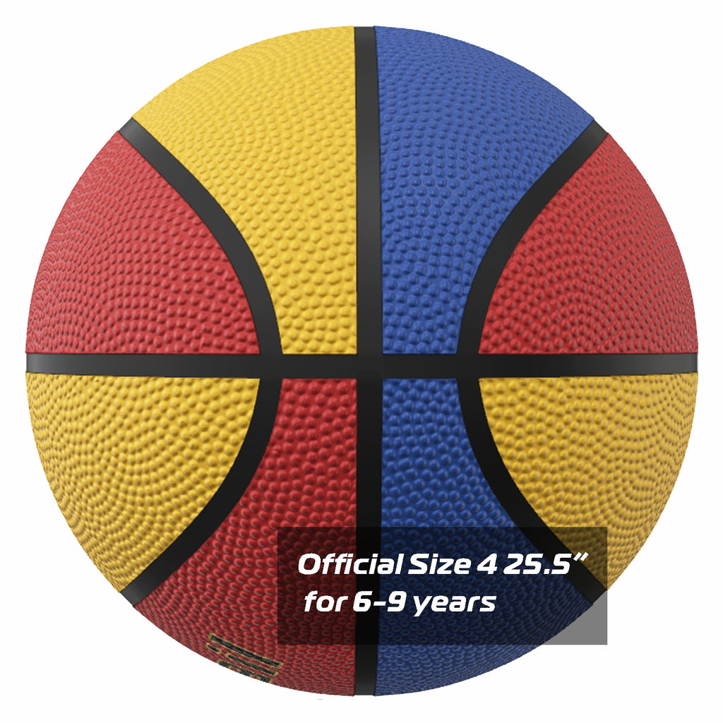 LONGSAIL Ballon de basket-ball en caoutchouc haute qualité (25,5 po), taille 4#, rouge/jaune/bleu