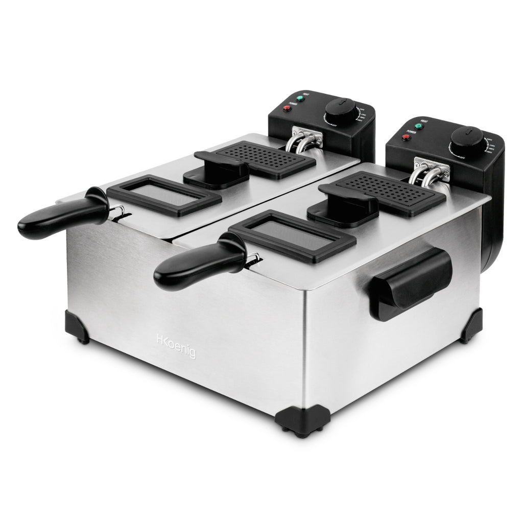 H.KOENIG DFX600 Friteuse double bac 2x3L - 3600W - 2 thermostats indépendants - Paniers amovibles - Filtres anti-odeurs - Acier