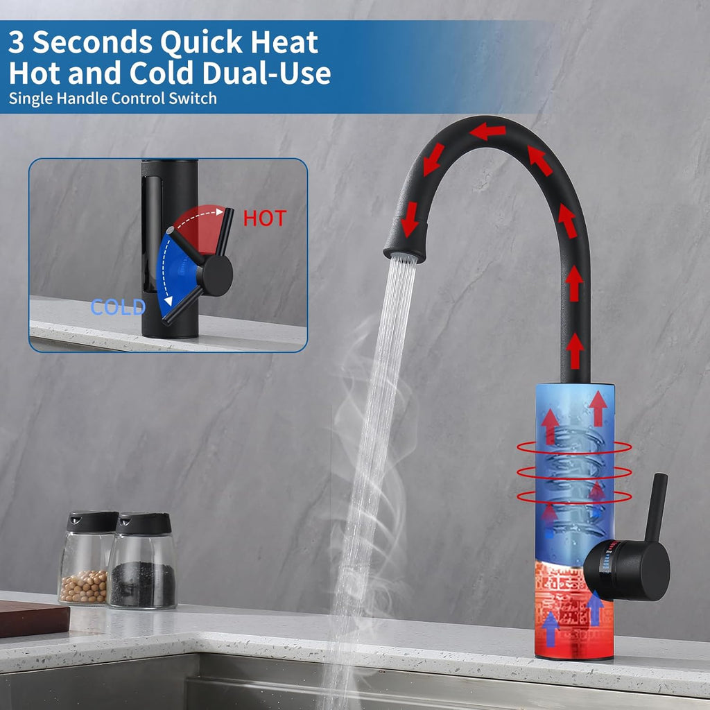 HOMELODY Robinet électrique avec chauffe-eau instantané 230 V, chauffe-eau de cuisine, robinet de cuisine LED, robinet électrique en acier inoxydable - Noir mat