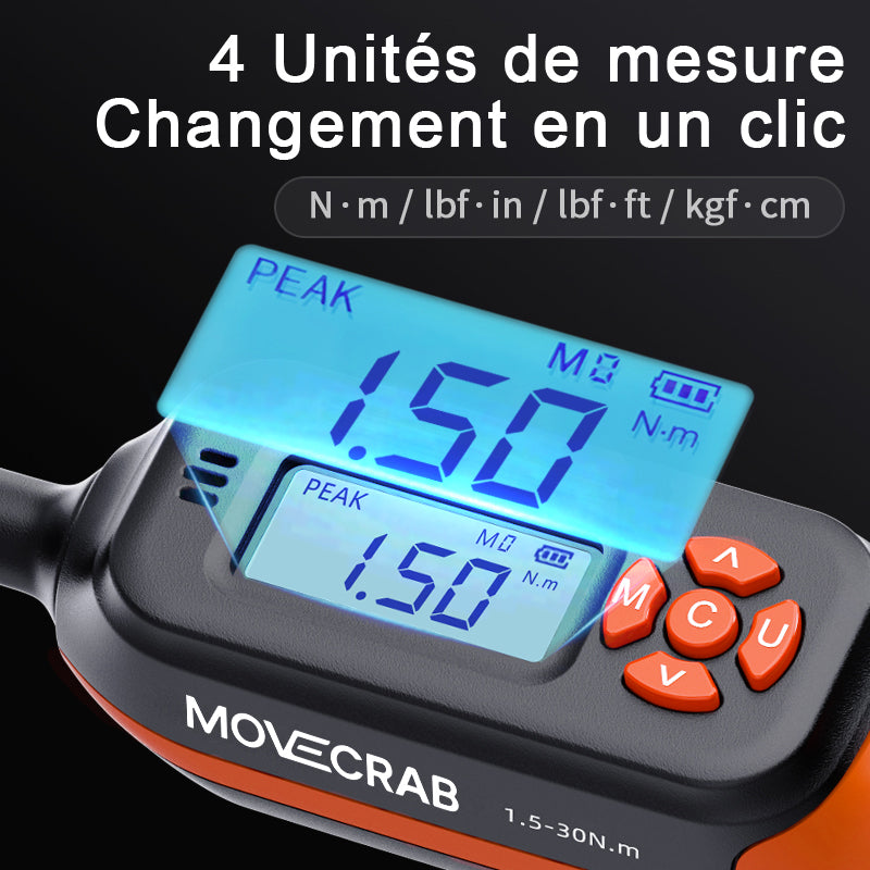 movecrab Clé dynamométrique numérique professionnelle Carré d'entraînement 1/4" 1,5-30 N.m ±2 % Haute précision Écran LED avec Nm/in.lb/ft.lb/kg.cm Triple alarme vibration son lumière