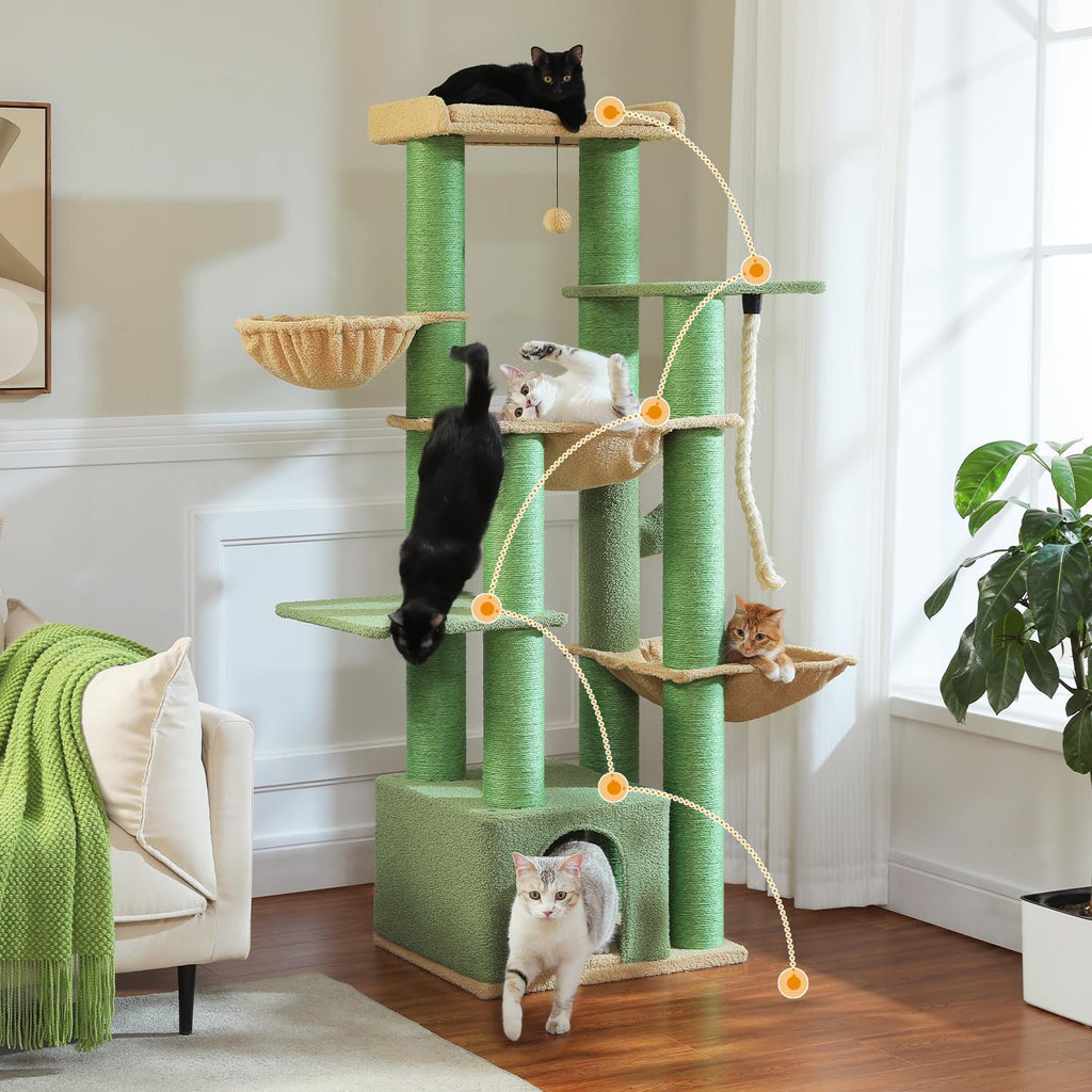 PAWZ Road Grand arbre à chat stable à plusieurs niveaux, Arbre à chat XXL avec hamac 170 cm, 13 poteaux en sisal diamètre 11 cm, Grande plateforme, Niche, Corbeilles, Vert