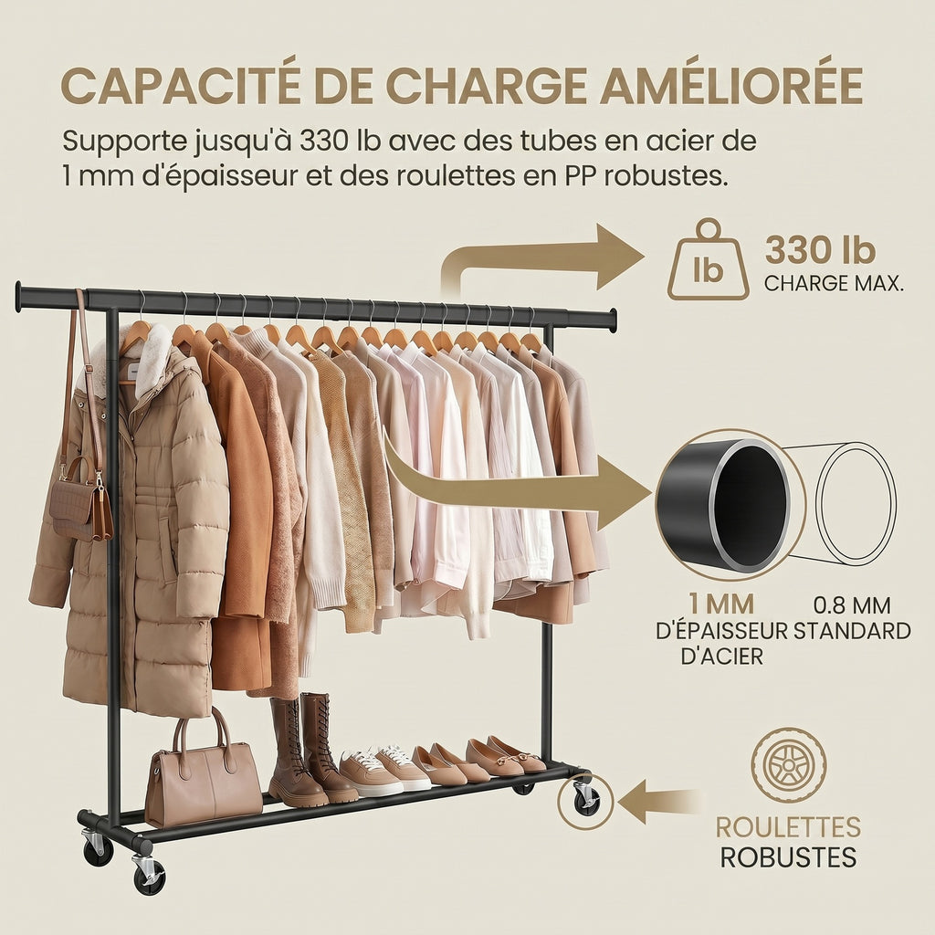 Ochama Portant à Vêtements Extensible, Tringle Robuste avec Roulettes, Penderie Mobile pour Chambre, Montage Facile, Noir