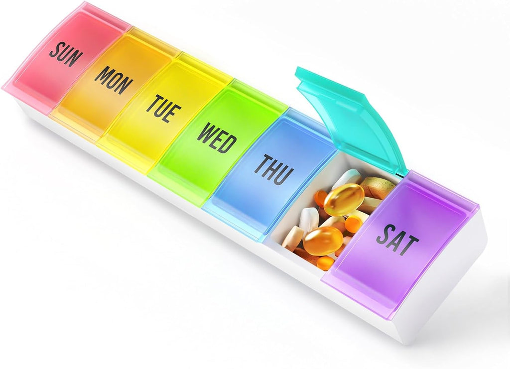 VVM Pilulier hebdomadaire avec couvercles colorés, pilulier 7 jours facile à ouvrir avec fermeture sécurisée, pilulier pour médicaments pour personnes souffrant d’arthrite