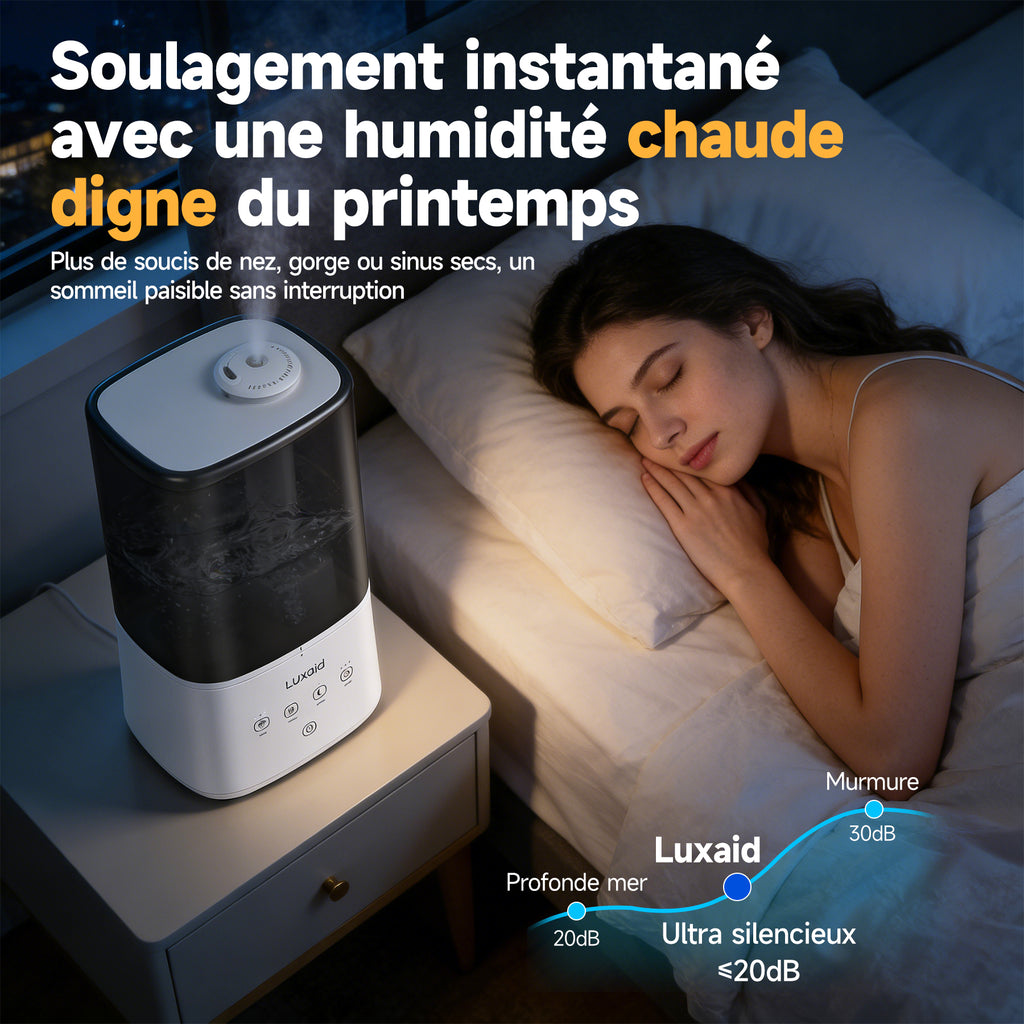Luxaid Humidificateur 6L Brume Froide/Chaude, Remplissage par le haut, commande tactile, minuterie 4/8/12h, mode silencieux 20dB, buse 360°, fonction aromathérapie pour grande pièce