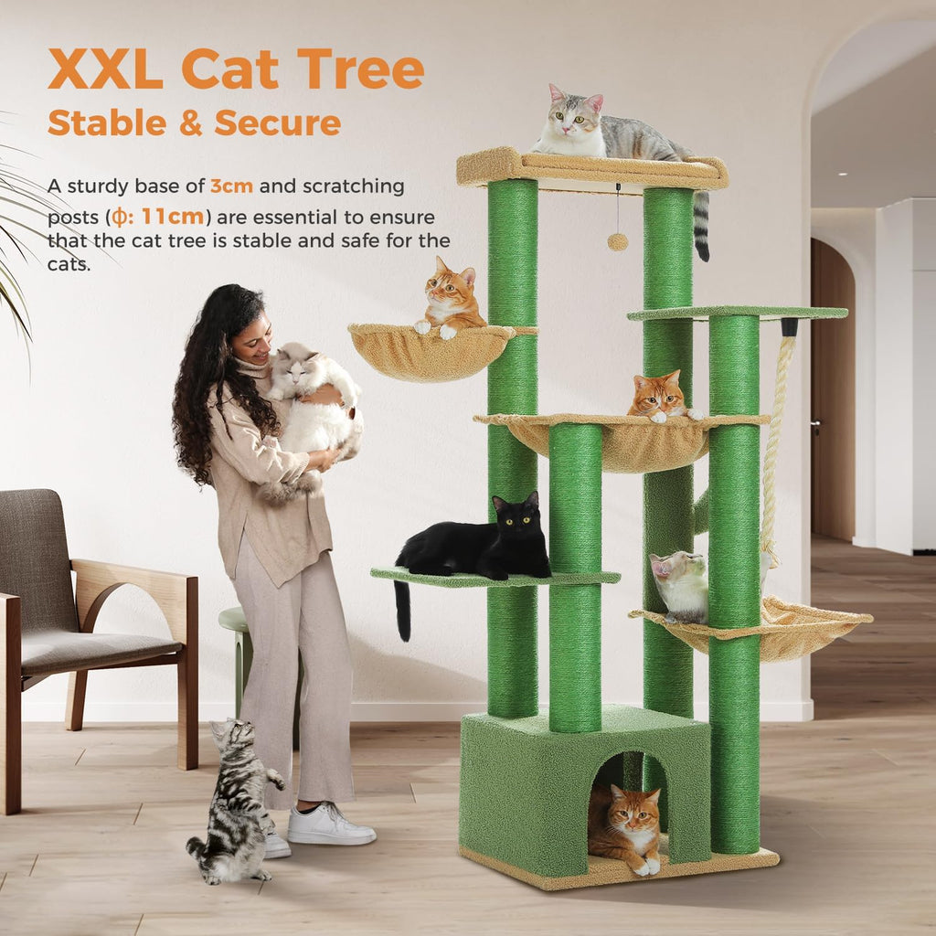 PAWZ Road Grand arbre à chat stable à plusieurs niveaux, Arbre à chat XXL avec hamac 170 cm, 13 poteaux en sisal diamètre 11 cm, Grande plateforme, Niche, Corbeilles, Vert