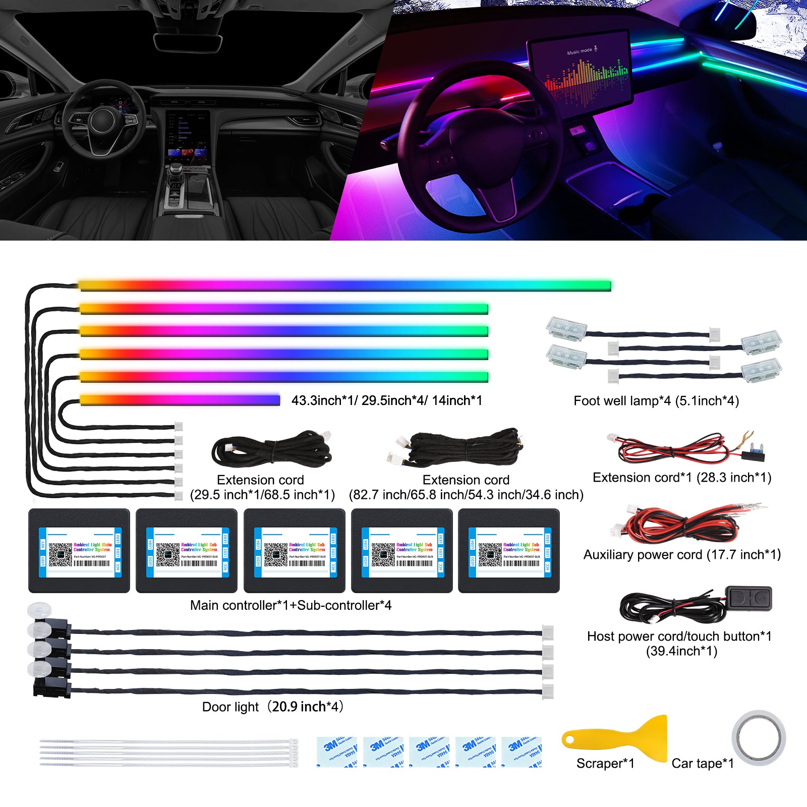 VGETTING Dreamcolor Ruban lumineux LED en acrylique pour intérieur de voiture avec application sans fil, RVB 14-en-1, 175 po, 600 LED