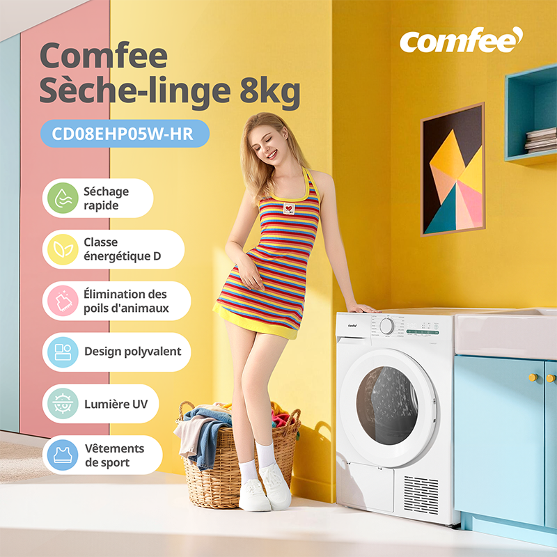 Comfee' Sèche-linge à pompe à chaleur CD08EHP05W-HR, 8 kg, classe énergétique D, lumière UV pour une pureté hygiénique, fonction de rafraîchissement, écran LED, séchage rapide, blanc