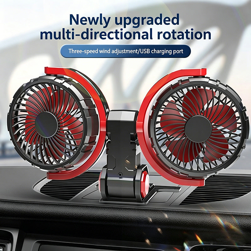 Ventilateur de voiture pliable à double tête avec 2 ports USB, alimentation allume-cigare 12 V/24 V, ventilateur de refroidissement réglable à 3 vitesses avec rotation à 360°