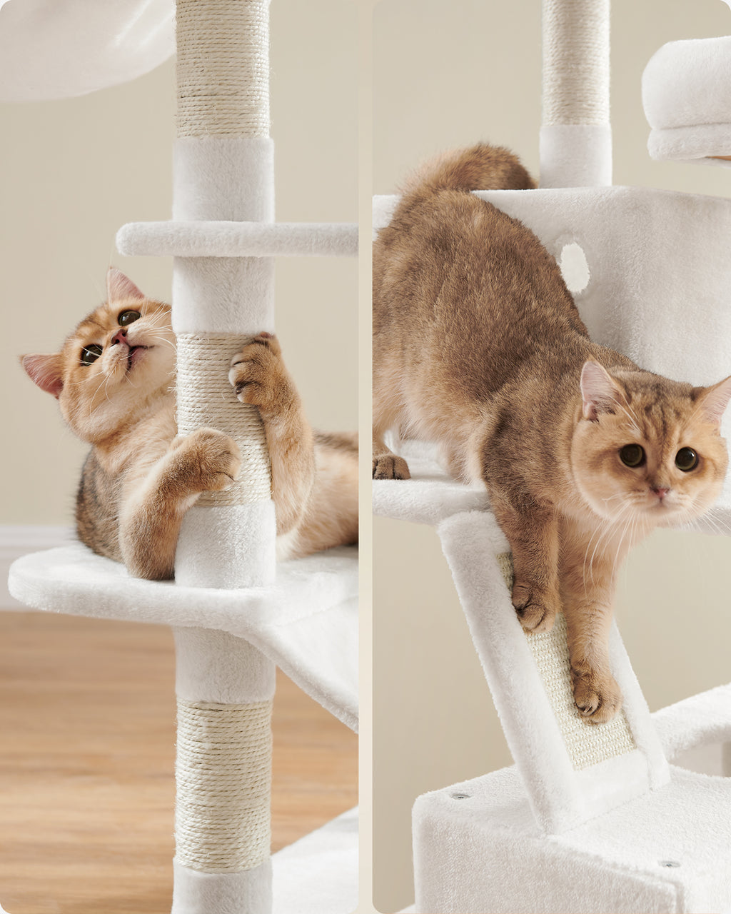 JOYFURNOS Arbre à chat, grande tour pour chat de 168 cm avec 13 poteaux à griffer, 1 rampe à griffer, 2 perchoirs, 2 niches, panier, hamac, pompons, blanc crème