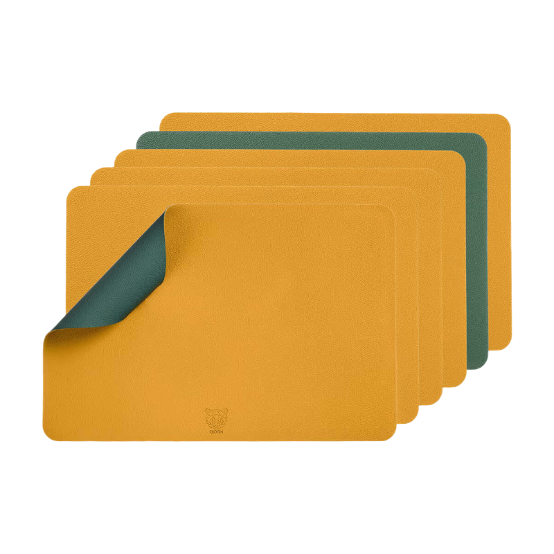 Björn Lot de 6 set de table réversibles rectangulaires en cuir recyclé - Jaune moutarde et vert sapin