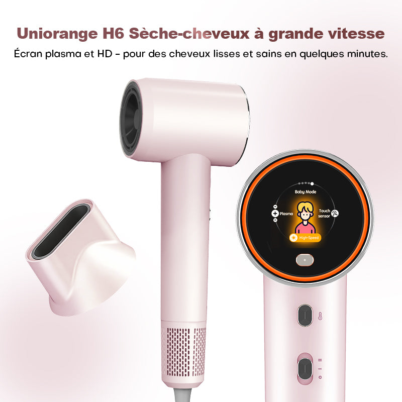Uniorange H6 Sèche-cheveux à haute vitesse avec technologie plasma, écran LCD HD, 5 modes intelligents, 1600 W de puissance et 1 milliard d'ions plasma