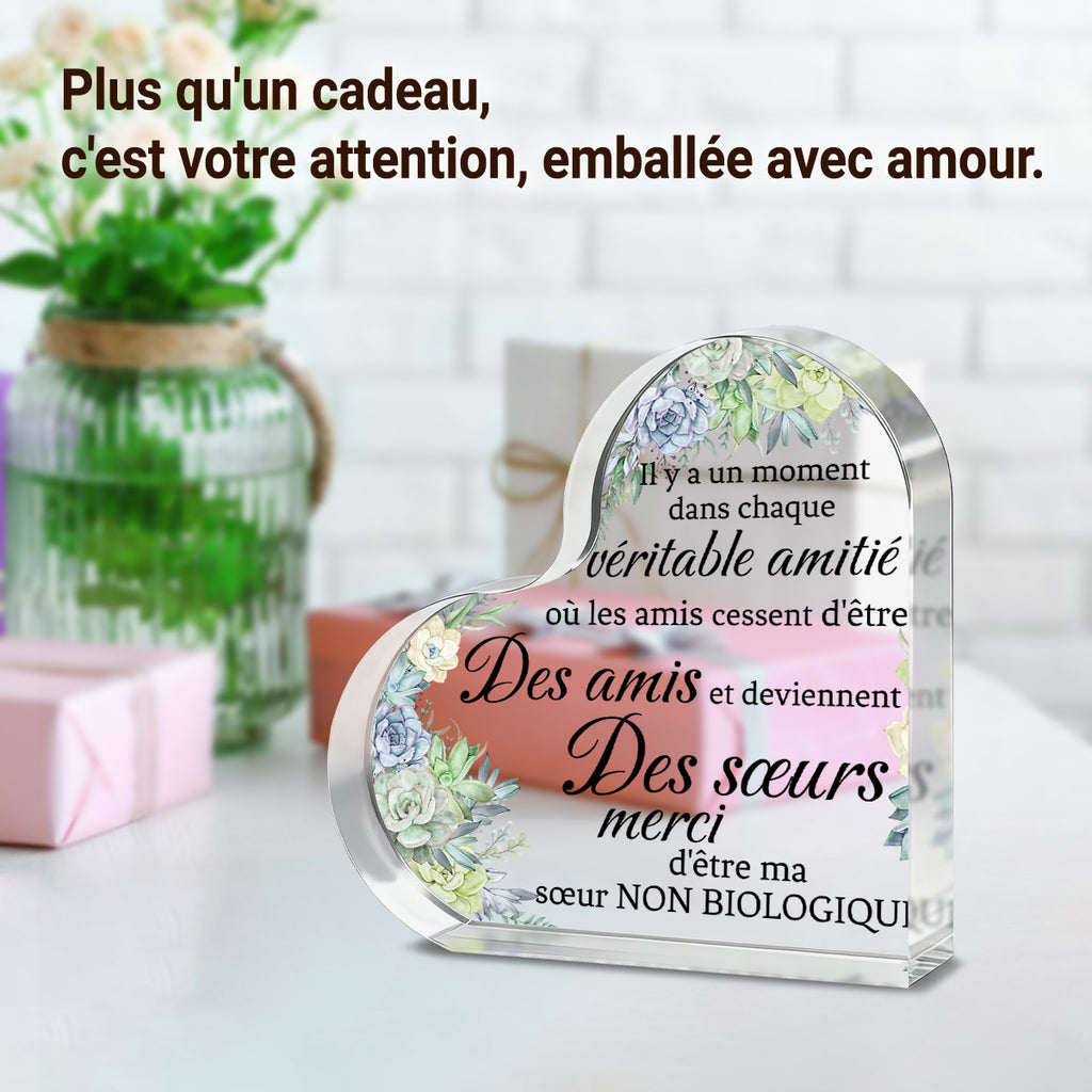 Alphynix 1 pc Plaque Cœur French Sisterhood, "Merci d'être ma sœur non biologique" Cadeau en cristal avec fleurs succulentes peintes à la main, Souvenir d'amitié spirituelle pour sœur d'âme