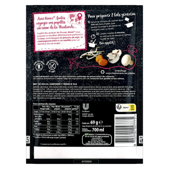 knorr Soupe de nouilles thaïlandaise aux champignons, 2 variétés, 69 g, 0,70 L