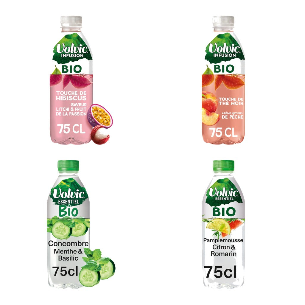 Pack découverte VOLVIC format 75 cl : Essentiel et Infusion (Lot de 4 parfums panachés)