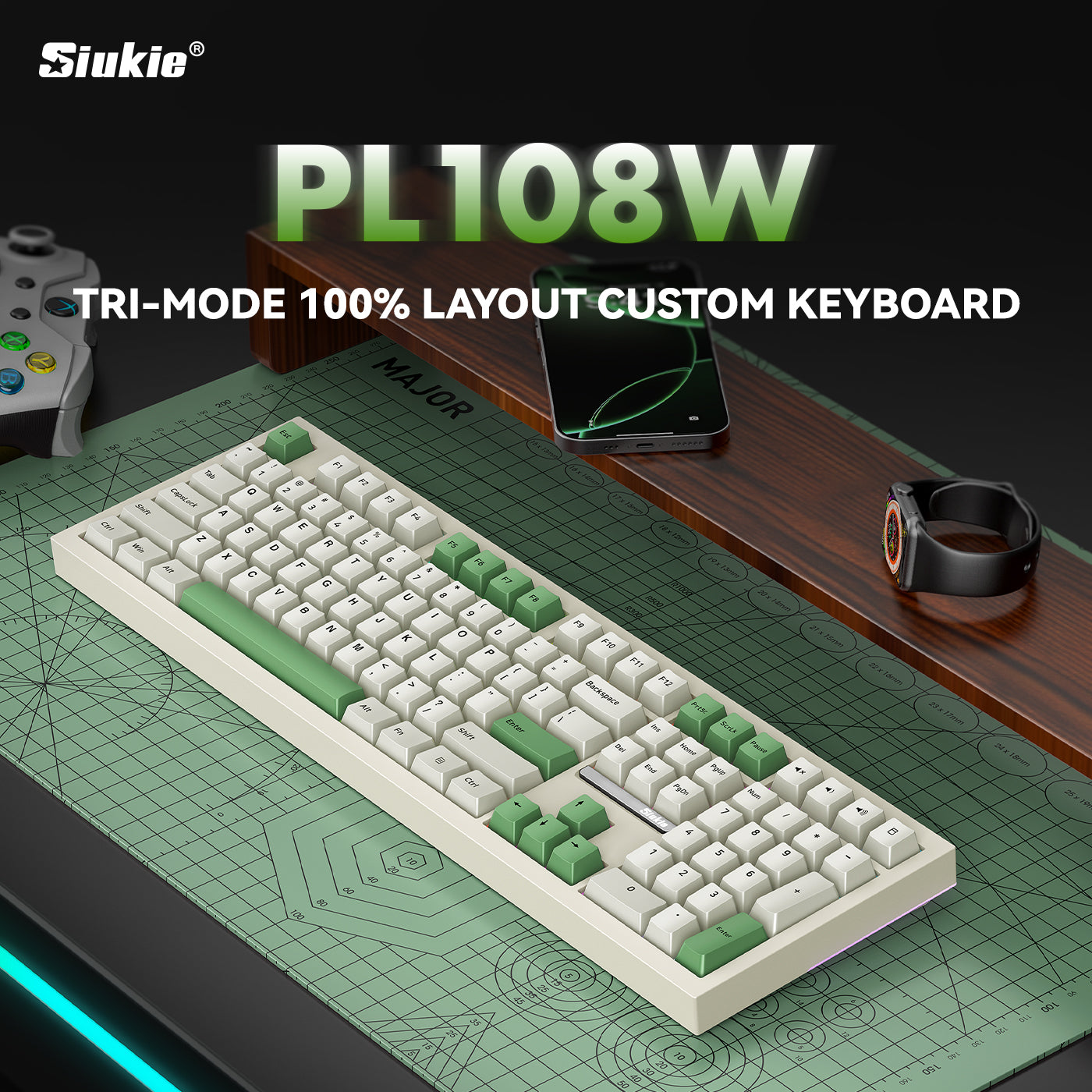Siukie PL108W Clavier mécanique RVB 108 touches, interrupteurs amovibles, 3 modes Beige