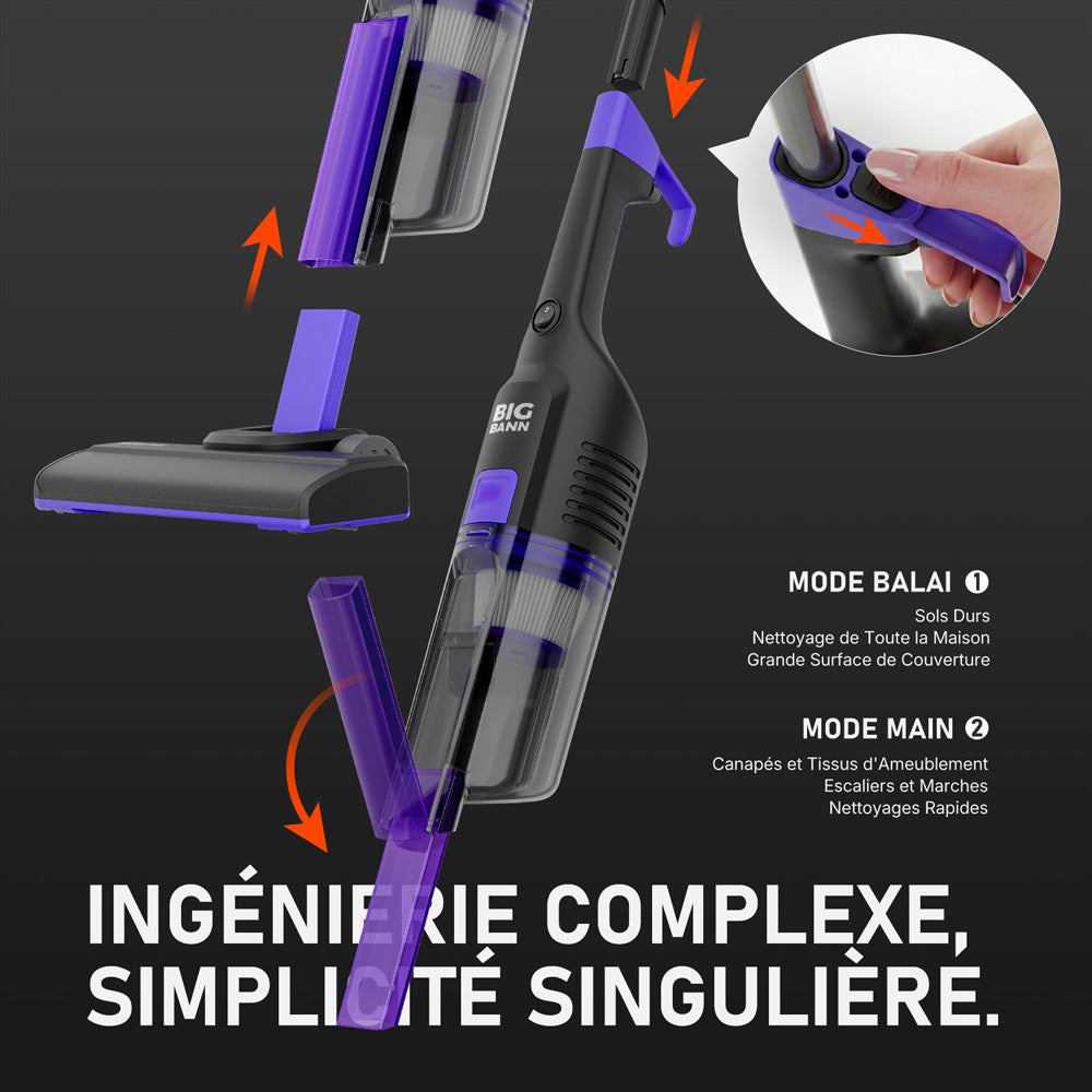 BIGBANN aspirateur balai 3 en 1, aspirateur à main filaire léger avec aspiration de 18 kPa, rangement vertical, cordon de 5 m, filtre HEPA pour sols durs