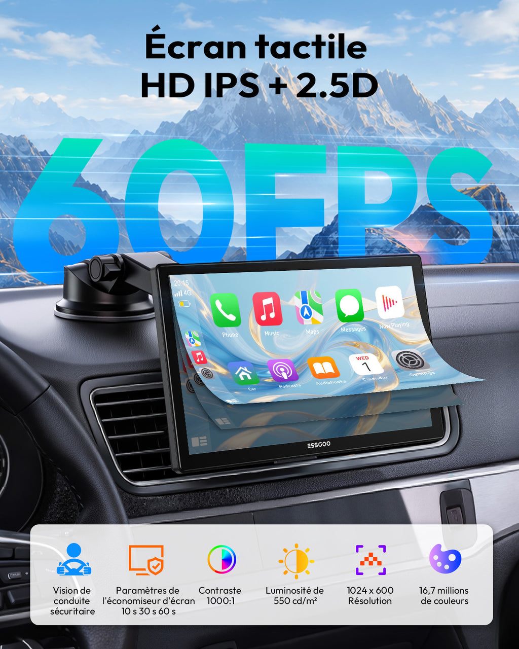 ESSGOO Écran intelligent automobile portable sans fil 9 pouces, CarPlay sans fil et Android Auto avec affichage fluide 60 i/s, Grand écran IPS HD 1024 x 600, Bluetooth, Wi-Fi