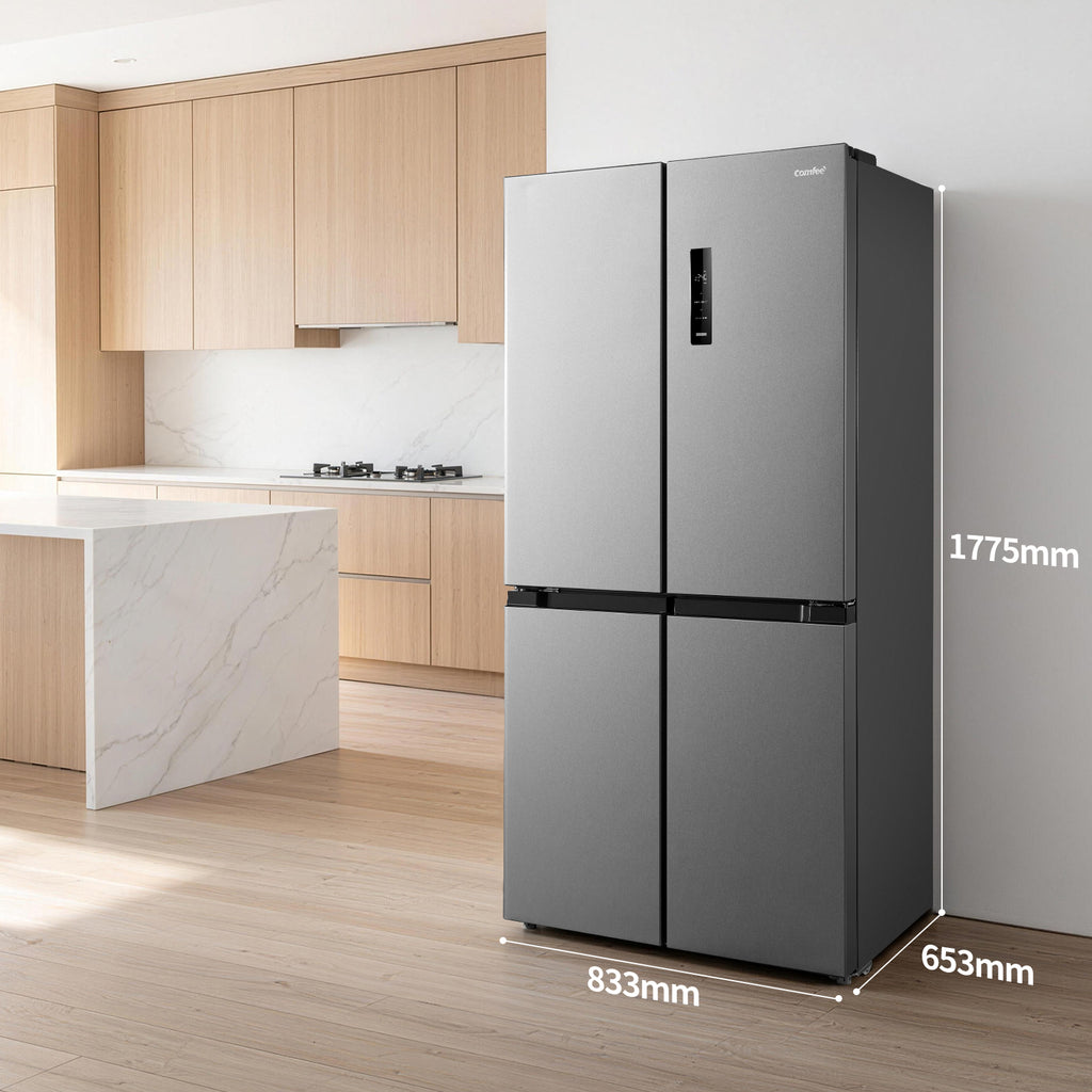 Comfee by Midea' RCF470LS2EU(E) Réfrigérateur 4 portes 474 L | Vario Box | Tiroir à légumes avec 3 températures | Plateau basculant | Contrôle et surveillance de la porte non ouverte – Argent