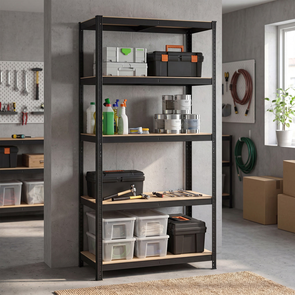 JOYFURNOS Étagère à 5 niveaux, Étagère en acier pour rangement, Montage sans outils, Pour garage, abri, Capacité de charge 600 kg, 50 x 100 x 200 cm, Noir