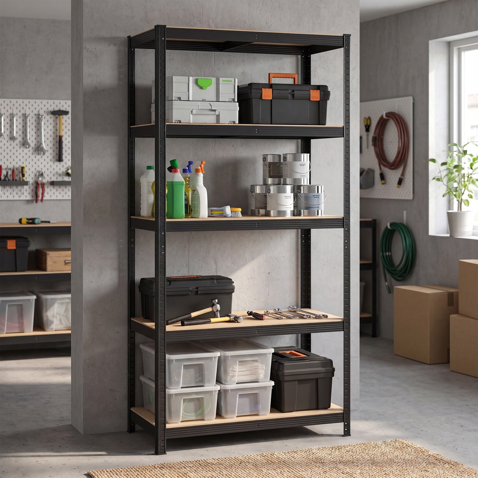JOYFURNOS Étagère à 5 niveaux, Étagère en acier pour rangement, Montage sans outils, Pour garage, abri, Capacité de charge 600 kg, 50 x 100 x 200 cm, Noir
