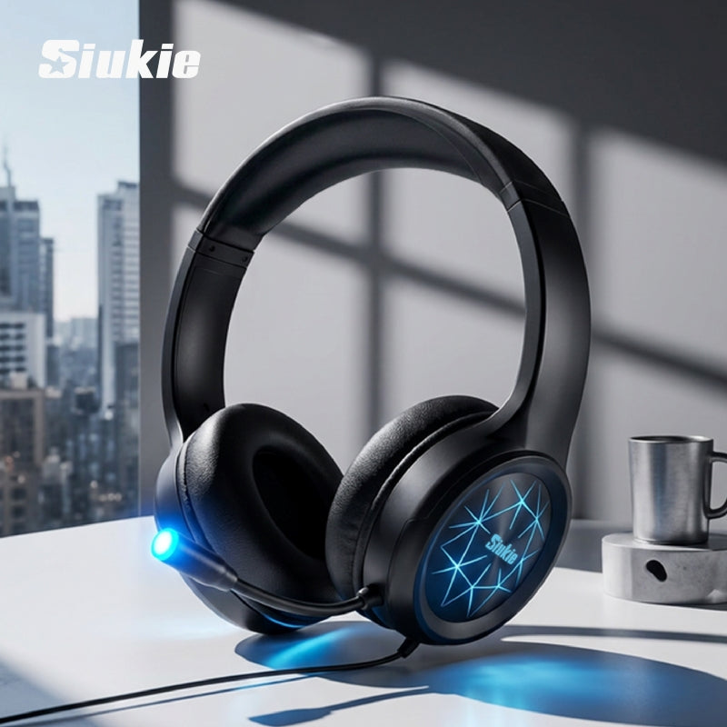 Siukie CH25 Casque de jeu avec micro antibruit, casque circum-auriculaire filaire à transducteurs 50 mm avec USB et jack 3,5 mm, rétroéclairage LED Bleu, son stéréo enveloppant