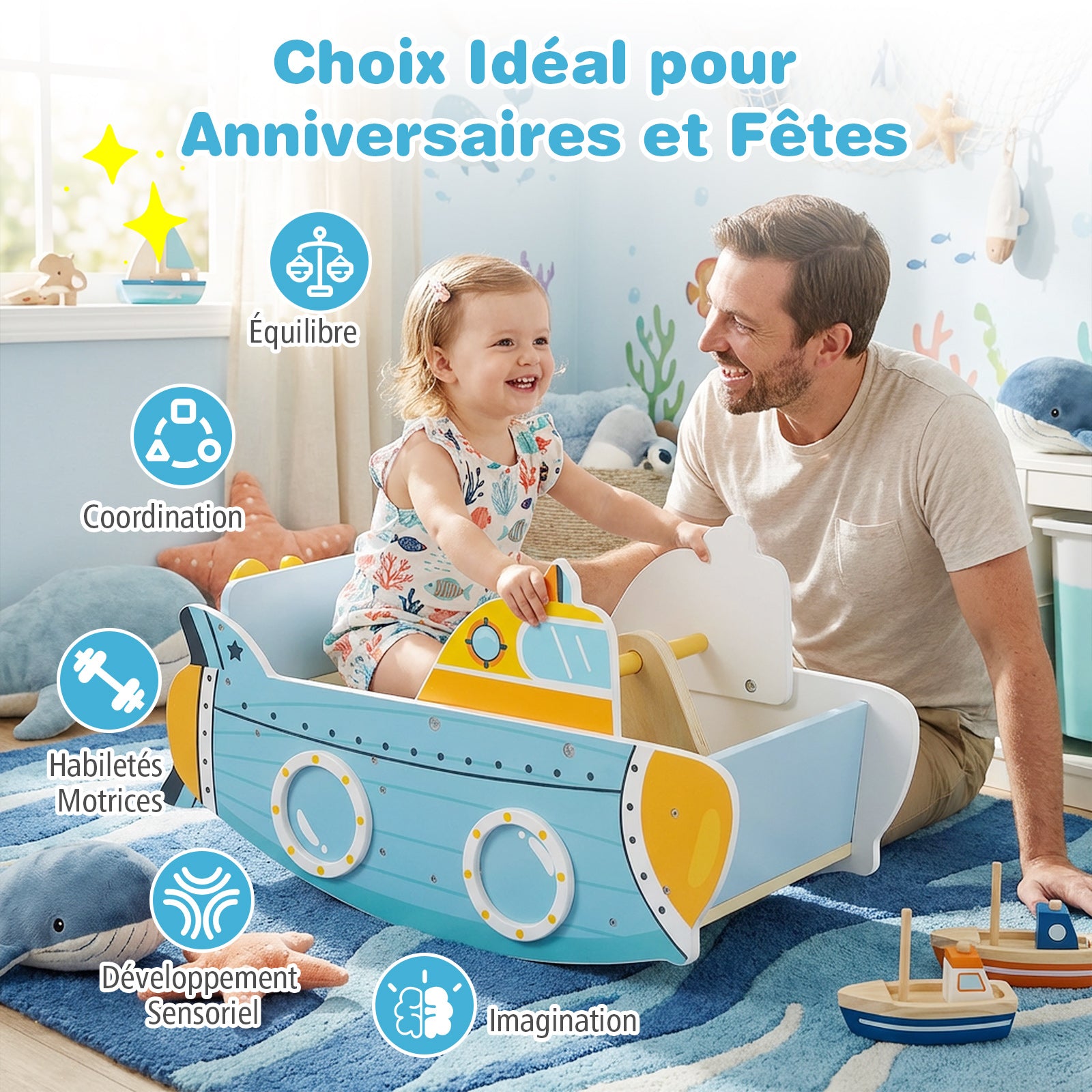 Costway Balançoire bateau en bois sur le thème du sous-marin avec hélice rotative