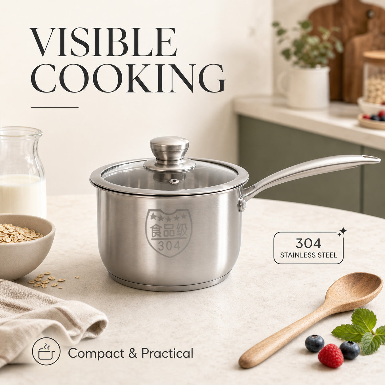 PURECOOK Série Casserole en acier inoxydable 304 | avec poignée en acier et couvercle combiné