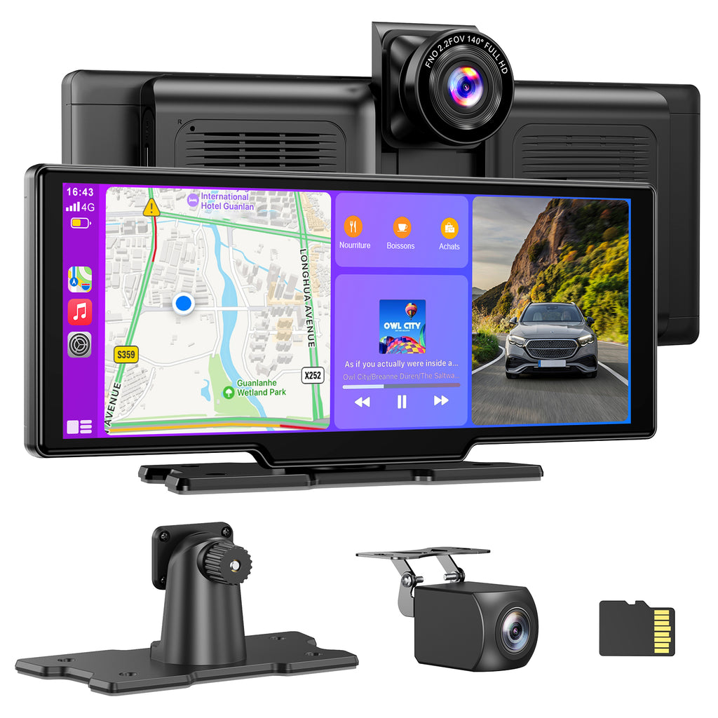 ESSGOO Écran CarPlay HD portable 10,26 pouces, CarPlay sans fil, Android Auto et recopie d'écran, caméra embarquée avant 4K intégrée + caméra de recul AHD 1080P