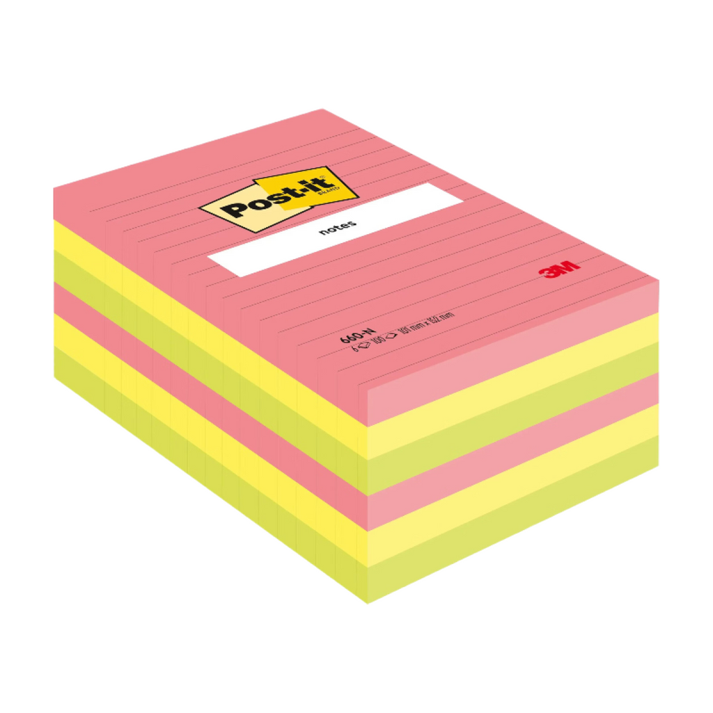 AriZona Grandes notes adhésives, coloris néons assortis, ligné, 101 mm x 152 mm, 100 feuilles/feuille, 6 blocs/lot, 100 % PEFC, SGSCH-PEFC-COC-110078