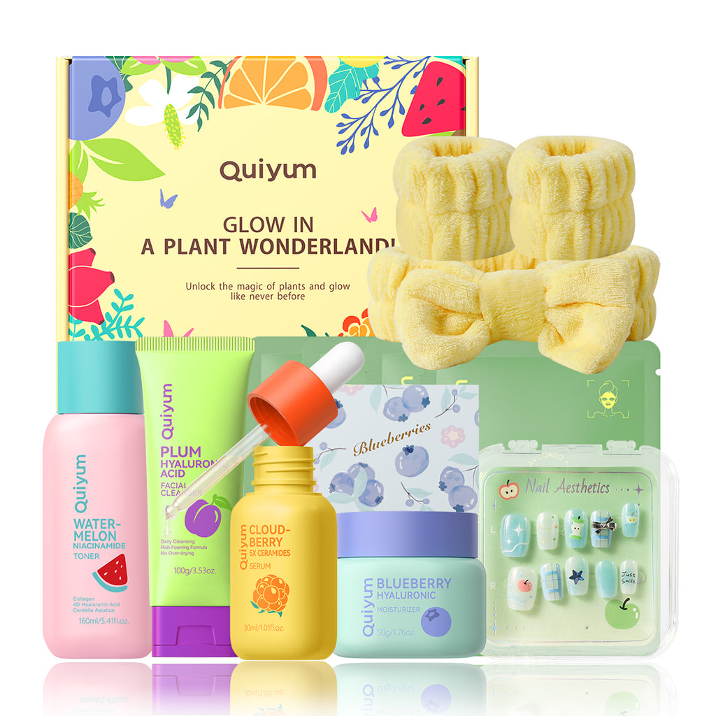 Quiyum Coffret de soins de la peau aux fruits 10 pièces : nettoyant 100 g, lotion tonique 160 ml, sérum 30 ml, crème 50 g, masques aux fruits 25 g × 4, serre-tête avec autocollants pour ongles