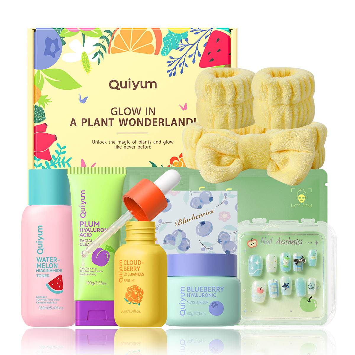 Quiyum Coffret de soins de la peau aux fruits 10 pièces : nettoyant 100 g, lotion tonique 160 ml, sérum 30 ml, crème 50 g, masques aux fruits 25 g × 4, serre-tête avec autocollants pour ongles
