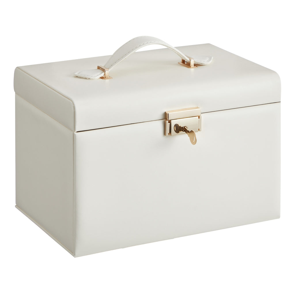 JOYFURNOS Boîte à bijoux 3 niveaux, Organisateur de bijoux avec 2 tiroirs, Étui à bijoux avec étui de voyage portable, Avec poignée, Verrouillable, Idée cadeau, Housse en PU blanc nuage, Doublure blanche crème