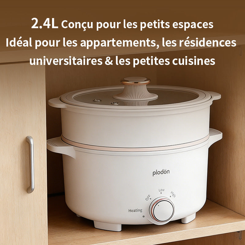 Plodon Marmite électrique multifonction antiadhésive 1 000 W, 2,4 L, avec cuiseur vapeur, fondue et double contrôle de puissance pour nouilles, pâtes, œufs, soupes
