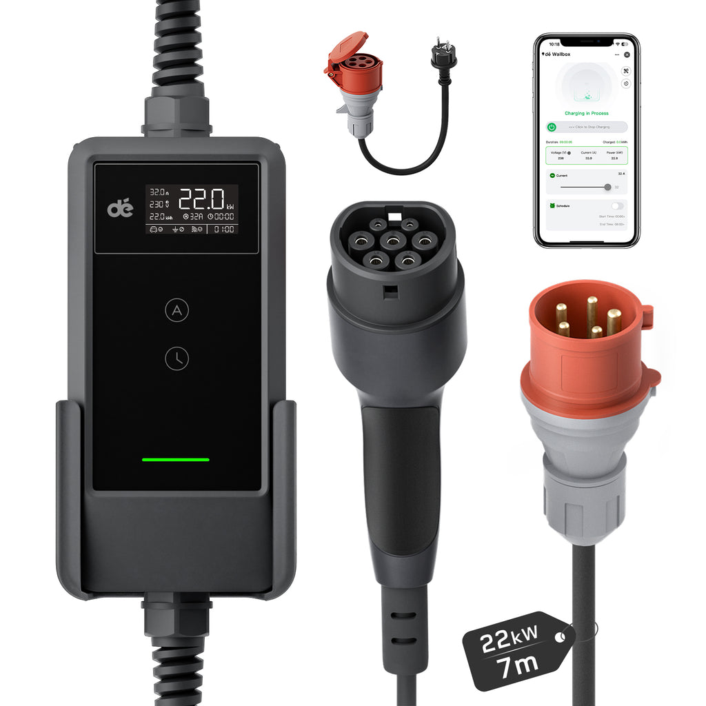 dé Borne de recharge murale mobile 22 kW avec application, Triphasée 7 m 6-32 A, Câble de recharge CEE 32 A vers Type 2, Chargeur pour véhicules électriques et hybrides rechargeables