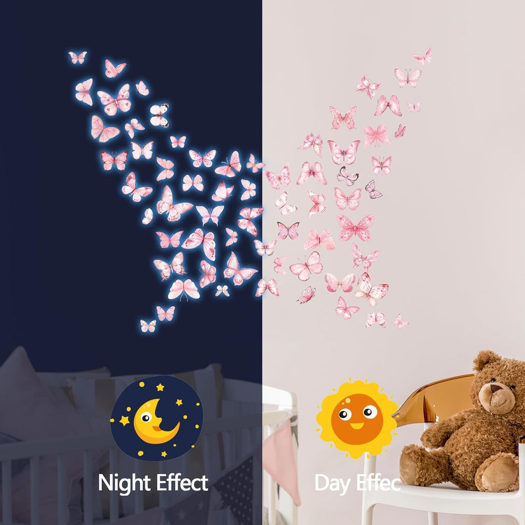JU7CER Lot de 3 pièces de 20x30 cm autocollants muraux bleu-lumière autocollants muraux phosphorescents papillon bleu-lumière imprimé rose chambre de fille chambre d'enfant autocollants muraux