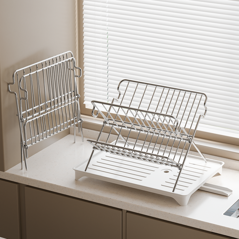 Maxcook Égouttoir à Vaisselle Pliable en Acier Inoxydable à 2 Niveaux avec Bac d'Égouttement Amovible, Égouttoir à Vaisselle Pliable Gain de Place pour Plan de Travail de Cuisine, Organisateur Support pour Assiettes Bols Tasses